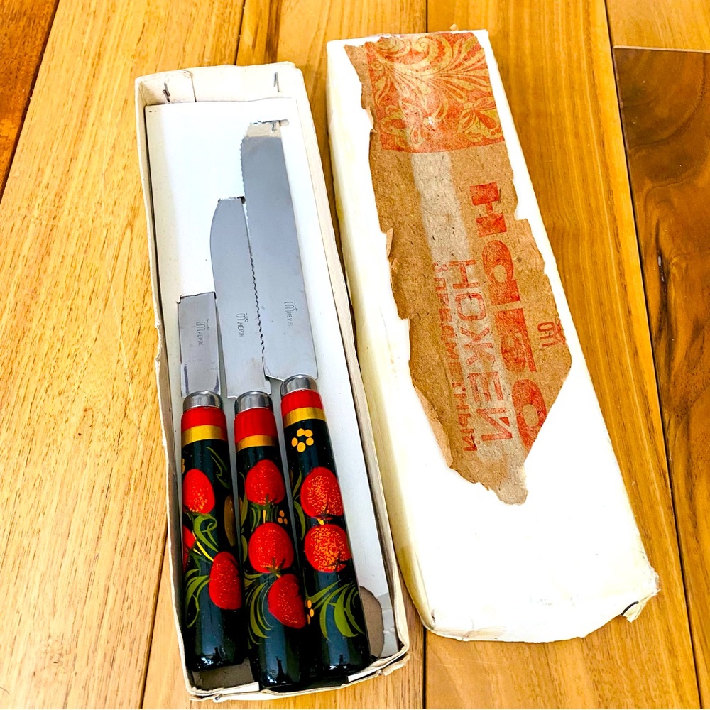 Vintage Knives Set of 3 Khokhloma Hand Painted Strawberry Handle Knives